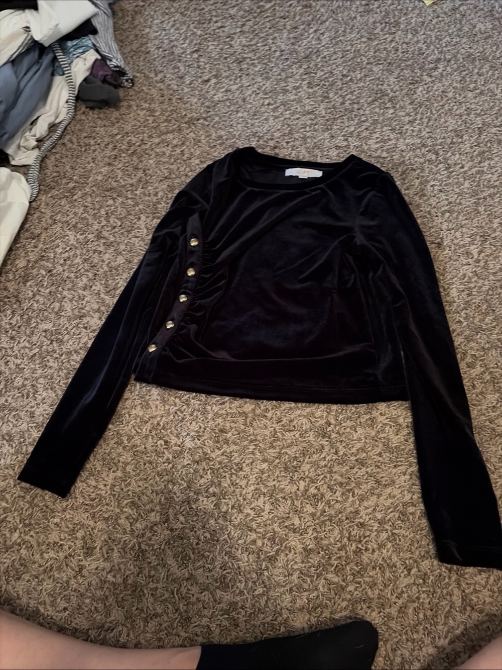 LOFT Black Velvet Long Sleeve Top with Side Button Detail